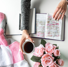 Pink, White, Grey Bible Flat Lay With Black Tea, Pink Roses, Colorful Bible, Pen And A Woman’s Hand