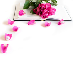 Wall Mural - Pink Bible flat lay with: pink rose petals, open Bible, pearls. White and bright with space for text