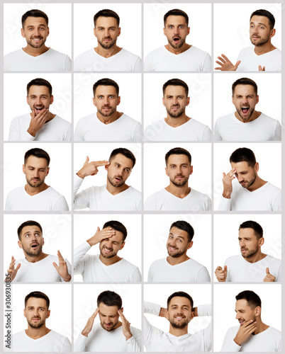 Cuadros en Lienzo collage of portraits of handsome bearded man with different positive and negativ
