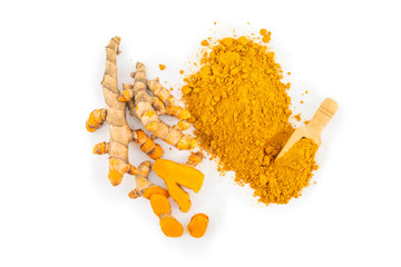 Wall Mural - fresh turmeric root and turmeric powder in spoon on white background