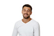 © producer - Close-up portrait of smiling handsome bearded man in white shirt looking at camera isolated on white background