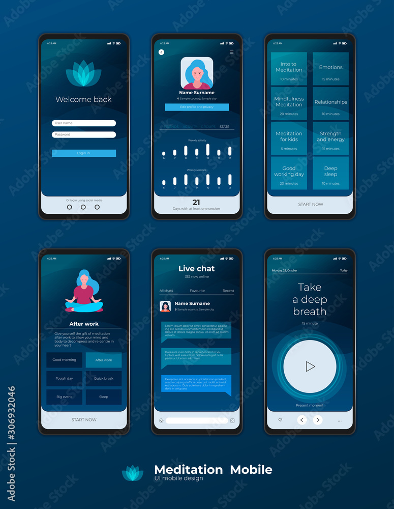 Mobile UI / UX Template Mockup - Wireframe Meditation App Concept Stock ...
