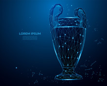 Trophy Cup Form Lines And Triangles, Point Connecting Network On Blue Background. Sport Cup, Champion's Cup. Polygon Vector Wireframe Concept, Mesh Art