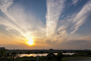 江戸川土手からの夕日　千葉県松戸市　日本