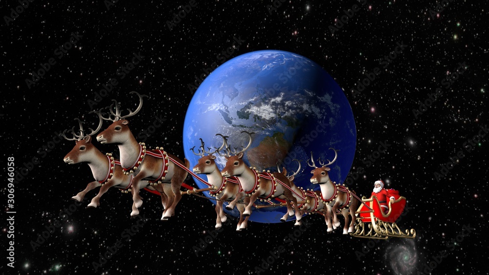 Santa on sleigh delivering gifts