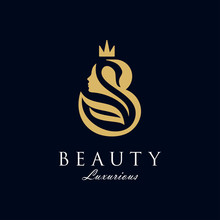 Initial B Royal Beauty Queen Woman Face With Swan And Crown Logo Design Vector, Showing Initial With Lady Face And Swan On Negative Space