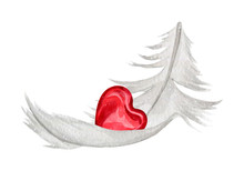 Watercolor Illustration Of Soft White Feather With Red Heart For Valentines Day