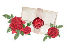 Watercolor Illustration Of Envelope With Love Letter Inside And Red Wax Seal
