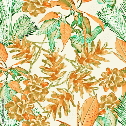 Cone with poinsettia and fir, seamless pattern.