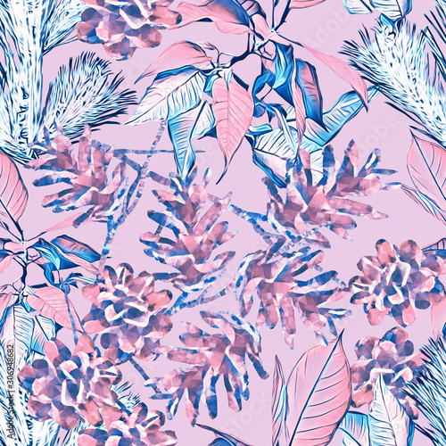 Cone with poinsettia and fir, seamless pattern.