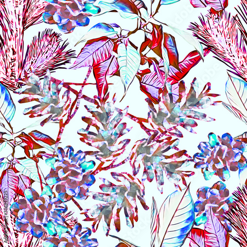 Cone with poinsettia and fir, seamless pattern.