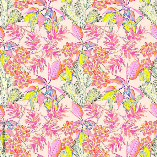 Cone with poinsettia and fir, seamless pattern.