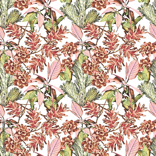 Cone with poinsettia and fir, seamless pattern.
