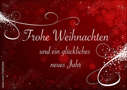 Christmas Greeting with Snowflakes on Red Background with Bokeh and Blur Effe...