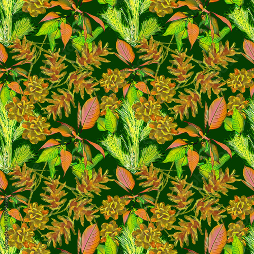 Cone with poinsettia and fir, seamless pattern.