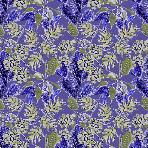 Cone with poinsettia and fir, seamless pattern.