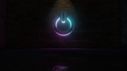 Wall Mural - 3D rendering of blue violet neon symbol of power icon on brick wall