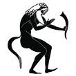 Drunken ancient Greek satyr holding rhyton of wine. Vase painting style.	Black and white silhouette.