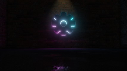 Wall Mural - 3D rendering of blue violet neon symbol of settings  icon on brick wall