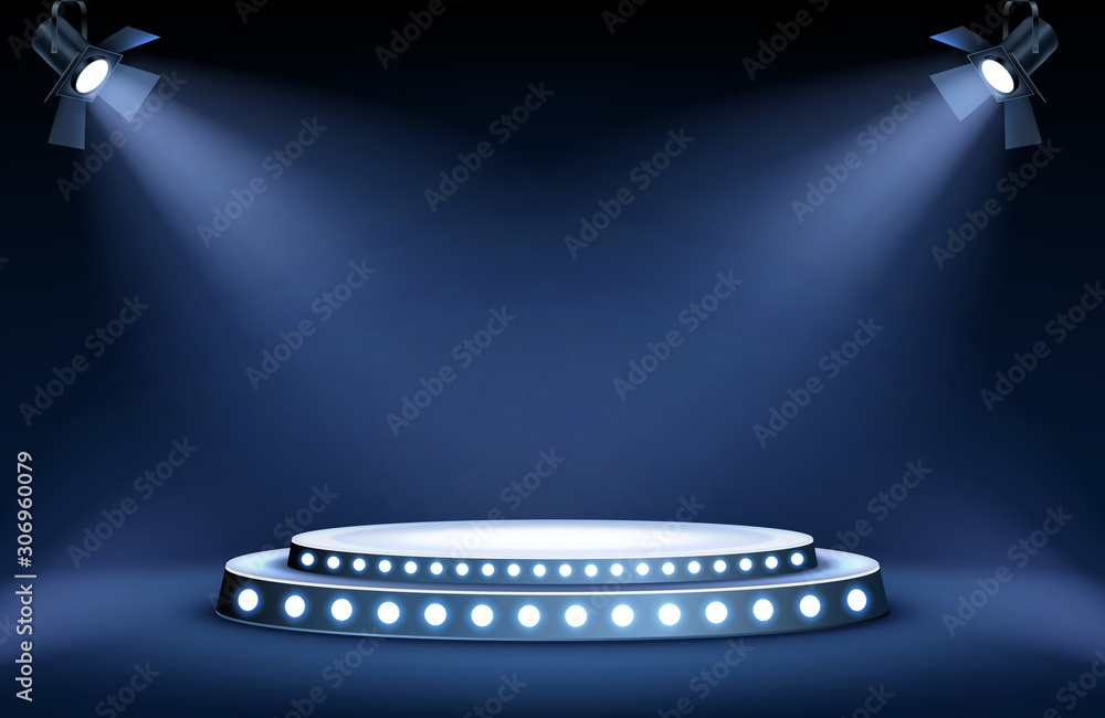 Round podium or stage in the rays of spotlights, realistic vector illustration. Pedestal for winner or award ceremony, empty platform for presentation, performance or show at night club, soon coming - obrazy, fototapety, plakaty 