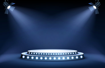 Wall Mural - round podium or stage in the rays of spotlights, realistic vector illustration. pedestal for winner 