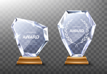 Wall Mural - glass award trophy or winner prize realistic vector illustration. transparent crystal plate or acryl