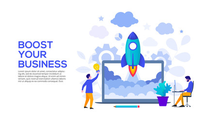 Poster - Boost your business concept with rocket, laptop and characters. Vector illustration. Landing page template for web and mobile.
