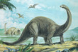 BRONTOSAURUS. One of the heaviest land animals ever known weighing over 20 tons (20tonnes). Length about 60ft (18m). Background: Rhamphorhynchus. Jurassic, about 170 - 135 million years ago.