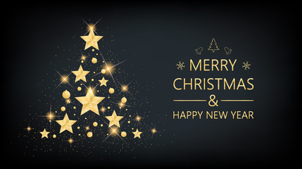 Wall Mural - Merry Christmas tree of golden star and happy new year on black color background