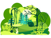 Paper Art, Cut And Craft Style Of Green Forest Wildlife With Nature Layers. Isolated On White Background. Wild Animals And Birds.