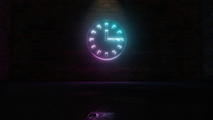 Wall Mural - 3D rendering of blue violet neon symbol of wall clock icon on brick wall