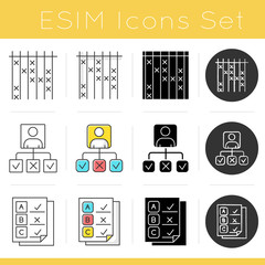 Sticker - Survey icons set. Cross mark on checklist. Evaluation list, assessment page. Personal profile. Test blank. Flat design, linear, black and color styles. Isolated vector illustrations