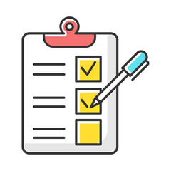 Sticker - Survey questionnaire form color icon. Checklist. Customer service rating, review. Feedback. Evaluation. Social research. Data collection. Sociology. Isolated vector illustration