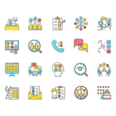 Sticker - Survey methods color icons set. Interview. Online, telephone poll. Rating. Public opinion. Customer review. Feedback. Evaluation. Data collection. Sociology. Isolated vector illustrations