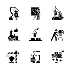 Sticker - Industry types glyph icons set. Aerospace, education, tobacco, chemical, pharmaceutical, filmmaking, construction, arms production, fishing sectors. Silhouette symbols. Vector isolated illustration