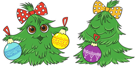 colored Christmas trees, cartoon character, smiling, with balls, for the site, print and postcard.