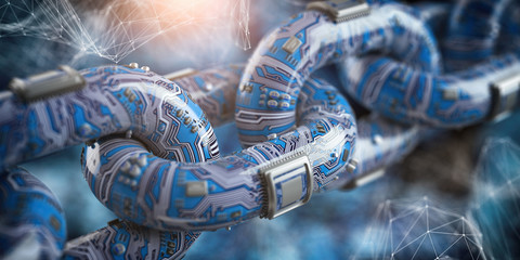Blockchain technology concept. Chain in form of pc circuit board with cpu on blue futuristic background.