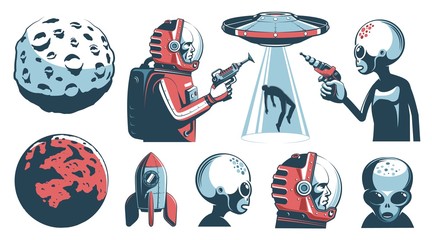 Wall Mural - alien ufo vintage set with astronaut and martian. space retro design elements. vector illustration.