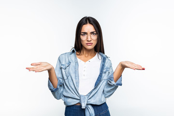 A portrait of a pretty woman with her hands raised up isolated on white background