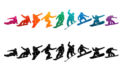 Wall Mural - Snowboard, snowboarders, snowboarding extreme winter sport people silhouettes vector illustration, riding a board, tricks