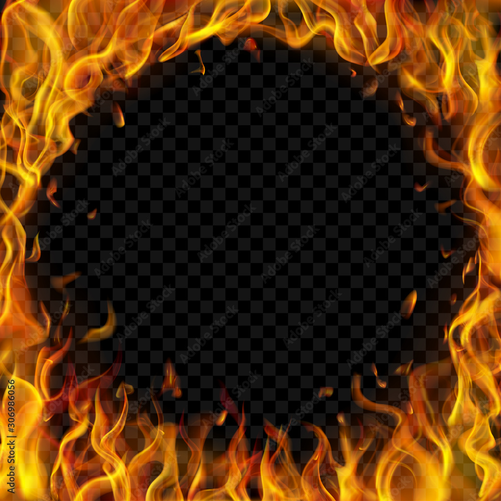 Translucent round frame made of fire flames and sparks on transparent ...