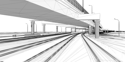 Wall Mural - the bim model of the railway infrastructure of wireframe view