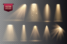 Set Of Spotlight Isolated On Transparent Background. Vector Glowing Light Effect With Gold Rays And Beams