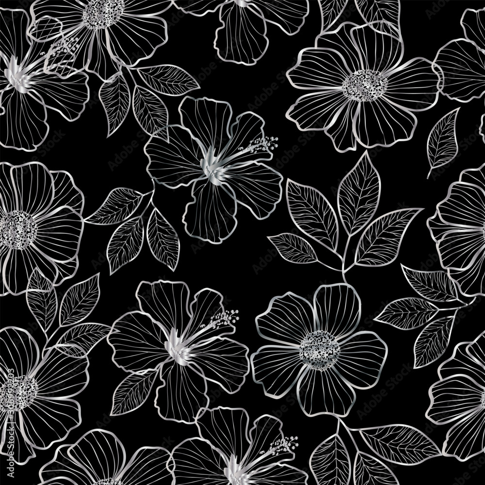 Vector silver outline flowers seamless pattern Stock Vector | Adobe Stock