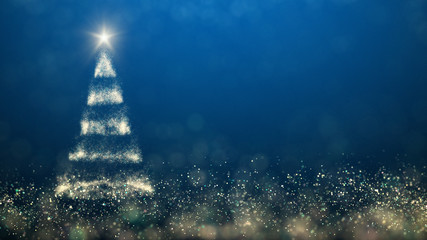 golden lights with christmas tree on blue background,bright decoration for merry xmas greeting messa