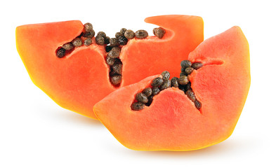 Fototapete - Isolated papaya. Two pieces of papaya fruit isolated on white background with clipping path