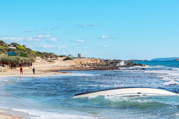 Ses Salines beach in the Ses Salinas National Park of Ibiza and Formentera, Spain.