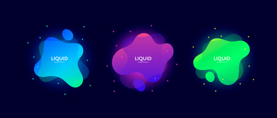 Fluid abstract banner template illustration. Set of modern bright liquid shapes isolated on black background. Neon acid color memphis concept. Design element for poster, backdrop, web, sale, print.