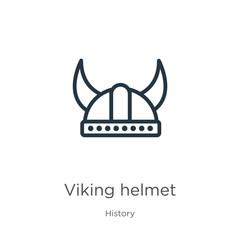 Wall Mural - Viking helmet icon. Thin linear viking helmet outline icon isolated on white background from history collection. Line vector viking helmet sign, symbol for web and mobile