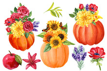 Set Compositions With Pumpkins, Autumn Flower Bouquets, Sunflowers, Lavender, Roses, Anemones, Dahlia On An Isolated White Background, Watercolor Illustration, Botanical Painting